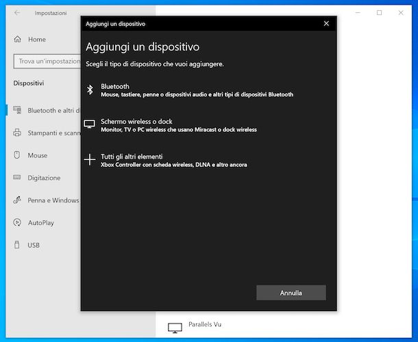 Aggiunta dispositivi Bluetooth Windows