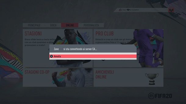 Connettersi server EA FIFA 20 PS4