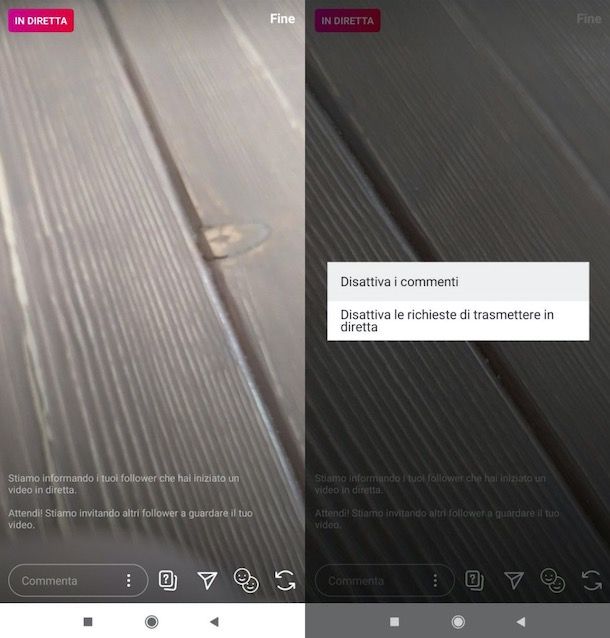 Disattivare commenti diretta Instagram Android