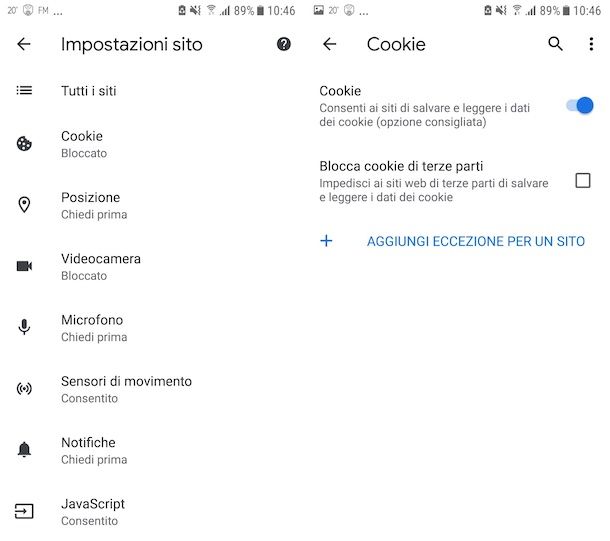 Attivare i cookie su Chrome per Android