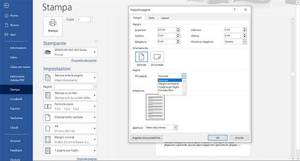 La finestra di stampa di Microsoft Word