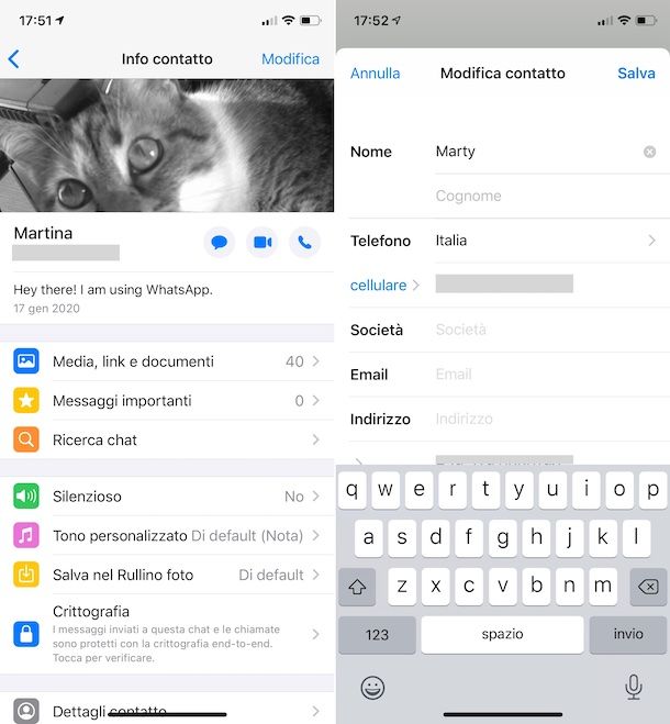 Modifica contatti WhatsApp iPhone