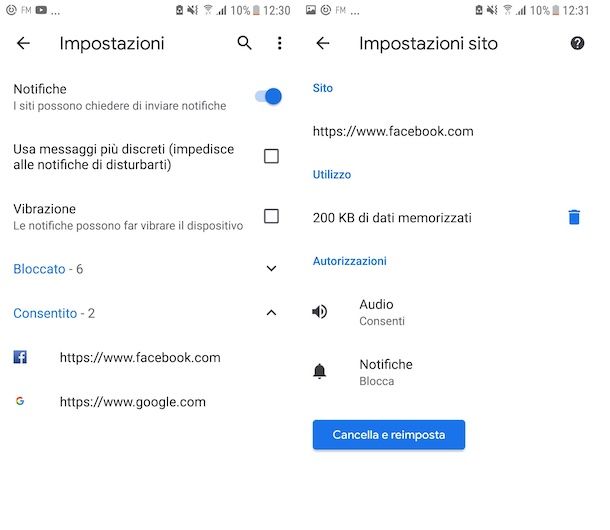 Gestione notifiche Chrome Android