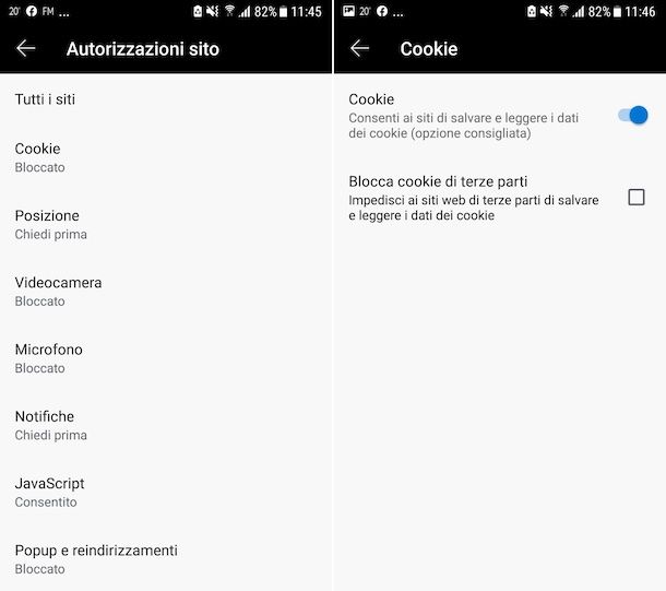 Attivare i cookie su Edge per Android