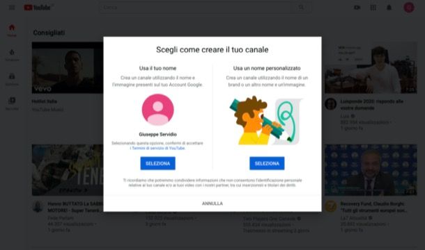 Creare canale YouTube da computer