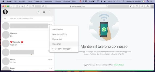 Fissare in alto chat WhatsApp PC