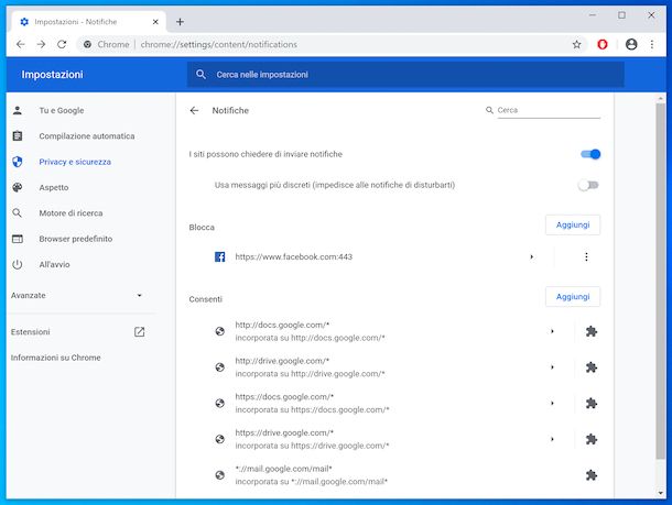 Blocco notifiche Chrome