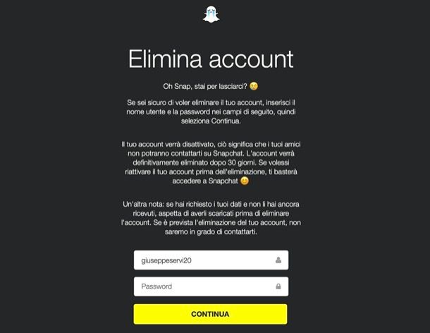 Eliminare account Snapchat