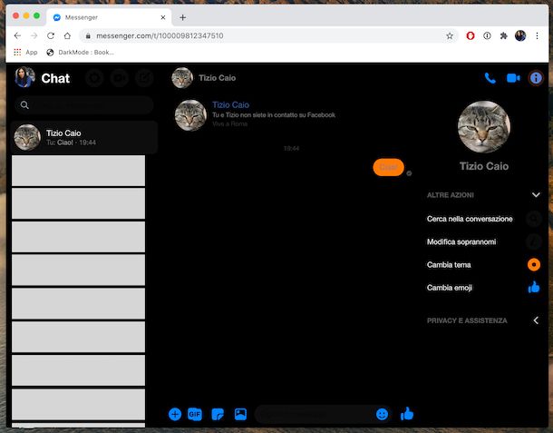 Facebook Messenger Web tema scuro
