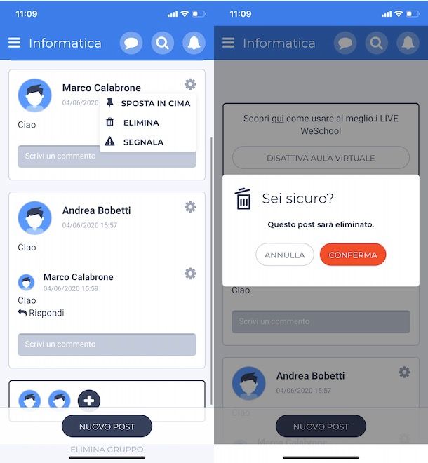 Cancellare post da app WeSchool