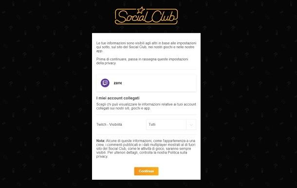 Informazioni account Twitch Social Club