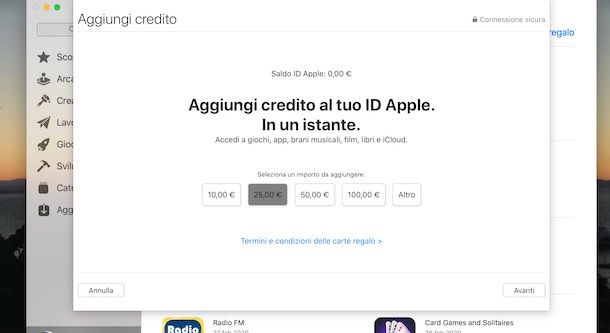 Aggiungere credito ID Apple da Mac