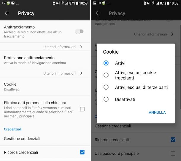 Attivare i cookie su Firefox per Android