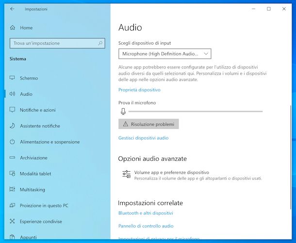 Impostazioni microfono Windows 10