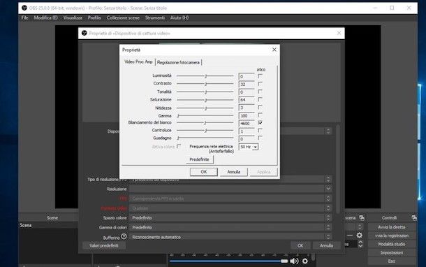 Modificare le impostazioni webcam su OBS