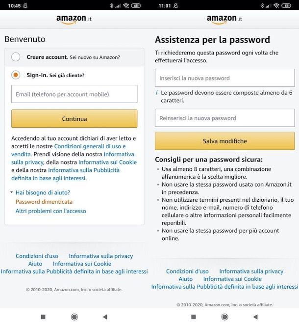 Recupero password Amazon da mobile