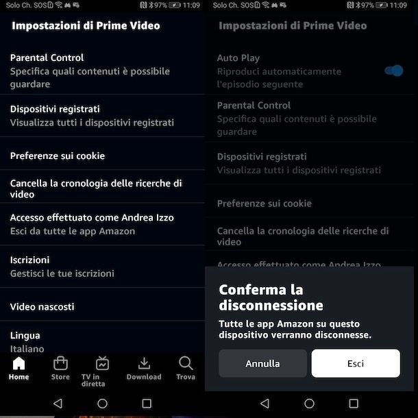 Disconnettere app Prime Video