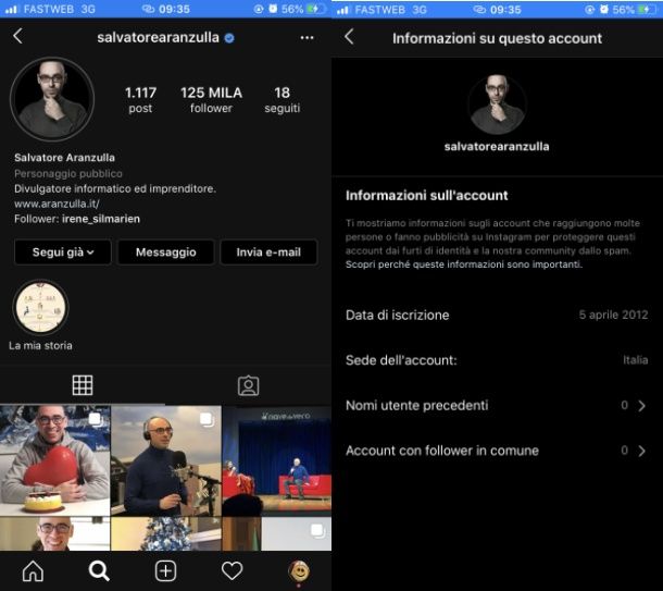 Informazioni account Instagram