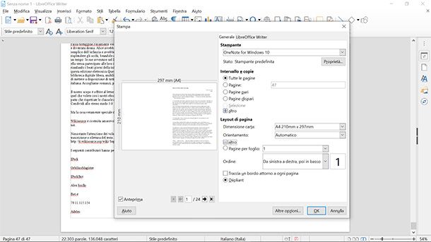 La finestra di stampa di LibreOffice Writer