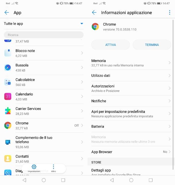 App disabilitate su Android