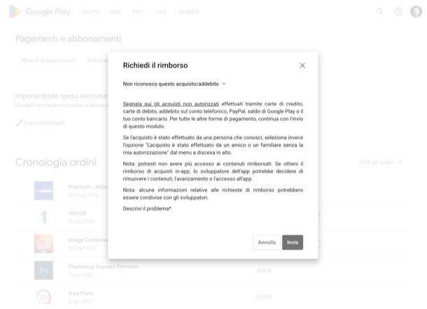 Richiedere rimborso sul Play Store da Web