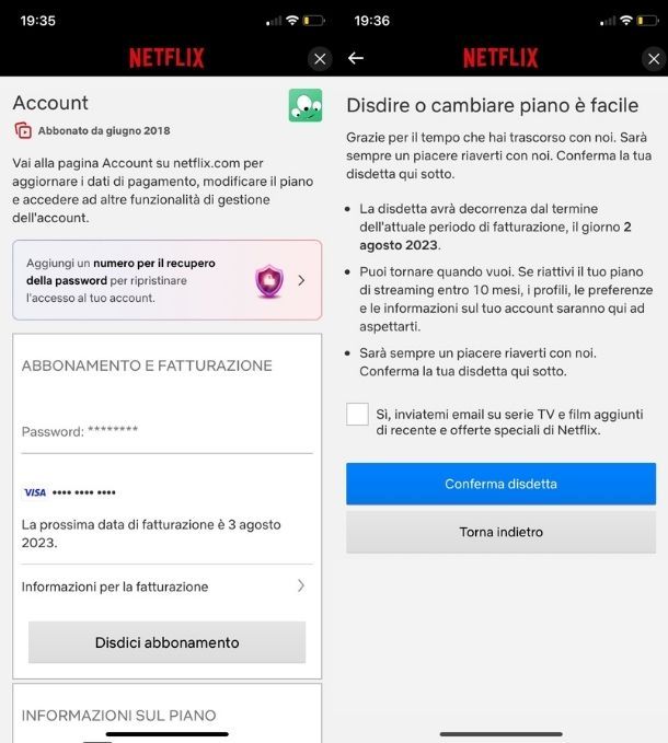 Eliminazione account Netflix da app