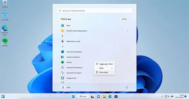 Disinstallazione applicazione Windows 11