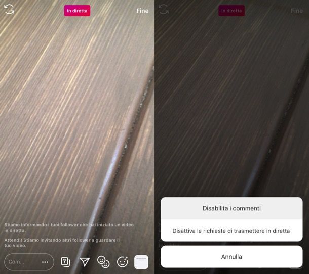 Disattivare commenti diretta Instagram iPhone