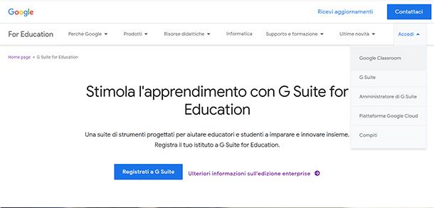 Come accedere a G Suite for Education dalla pagina iniziale