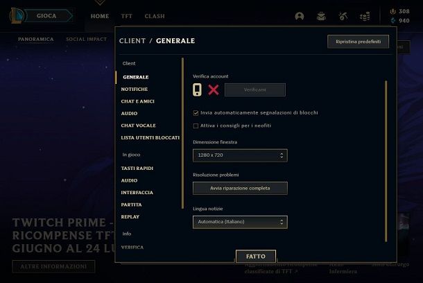 Impostare notizie League of Legends in italiano