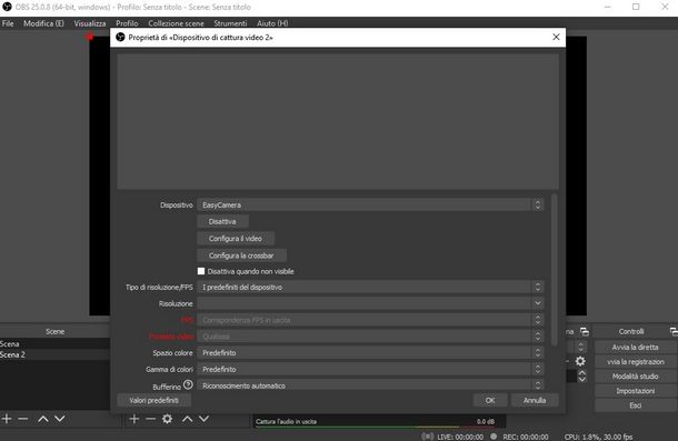 Impostare la webcam come fonte in OBS