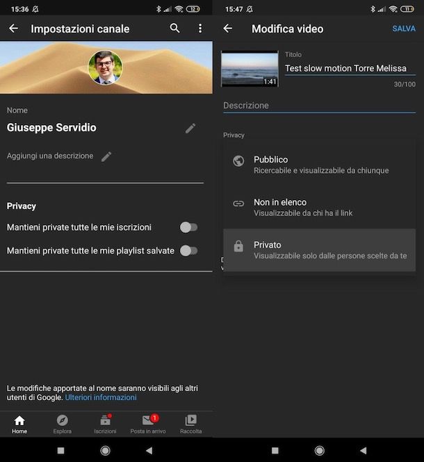 Rendere privato canale YouTube da mobile