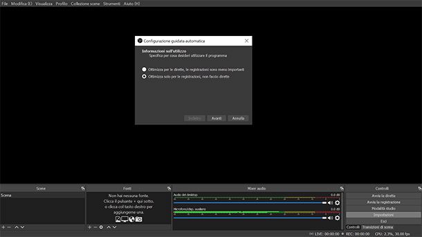 La finestra di configurazione guidata automatica di OBS