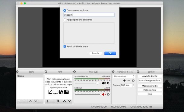 Come aggiungere la webcam su OBS