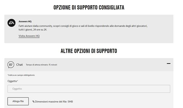 Opzioni di supporto EA