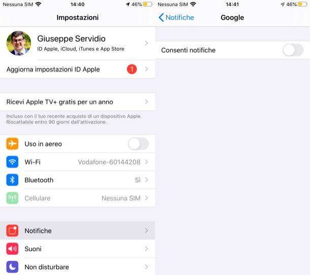 Disattivare notifiche app Google iPhone