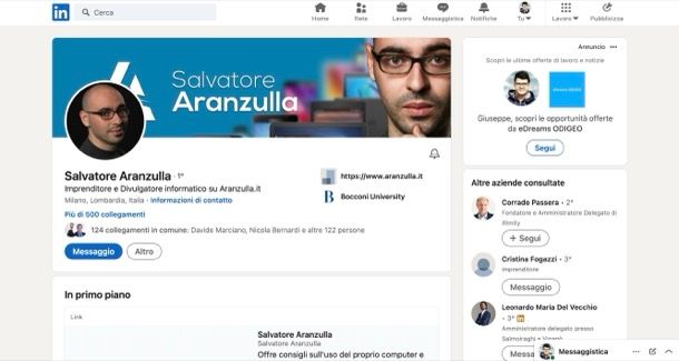 Profilo LinkedIn di Salvatore Aranzulla