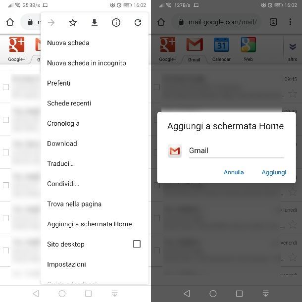 Icona Gmail su desktop con Chrome Android