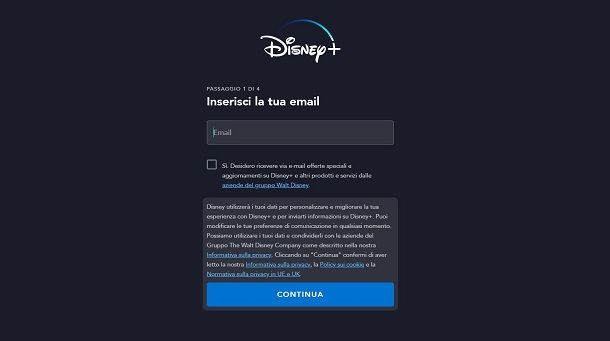 Registrazione account Disney+