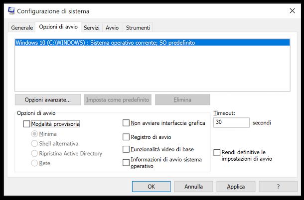 Gestione modalità provvisoria windows 10 da Configurazione di sistema