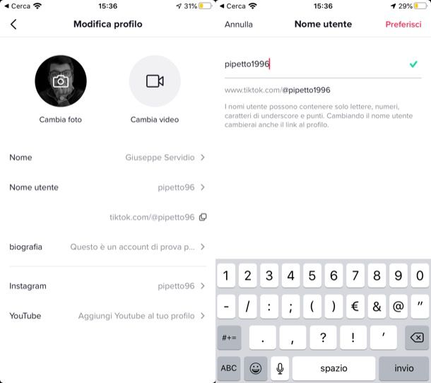 Cambiare nome utente TikTok su iPhone