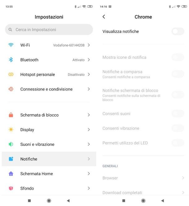 Disattivare notifiche Chrome Android