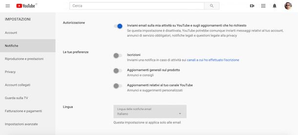 Cambiare lingua notifiche email YouTube
