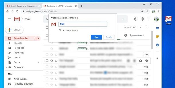 Icona Gmail su desktop con Chrome