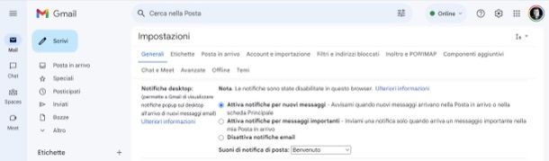 Attivare notifiche Gmail da Gmail Web
