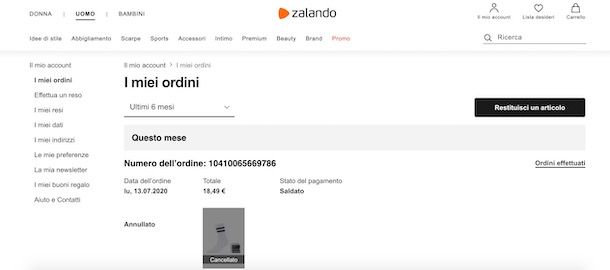 Ordine cancellato su Zalando