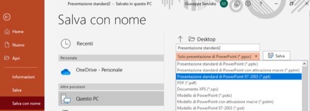 Salvare PowerPoint in PPT
