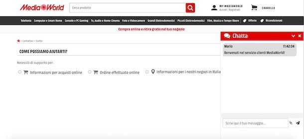 Come contattare MediaWorld via chat