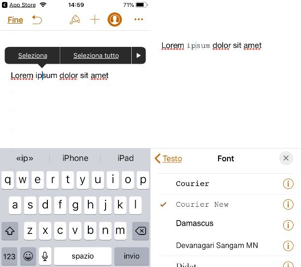 Cambiare font a una parola su iPhone