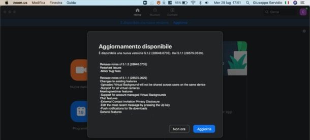 Aggiornare Zoom su Mac